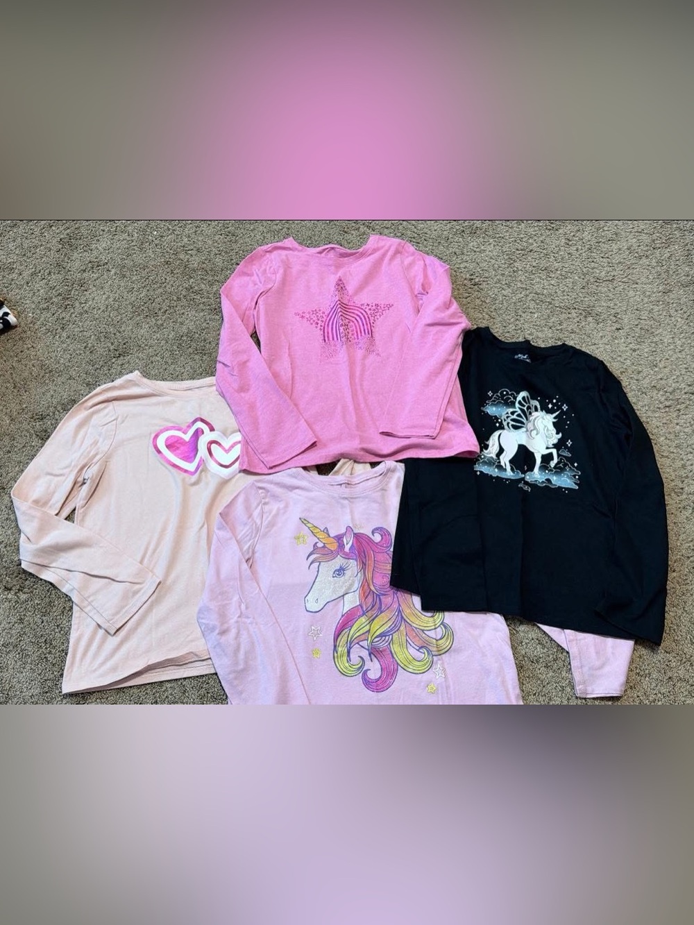 Girls' Long Sleeve Pink Star & Unicorn Top